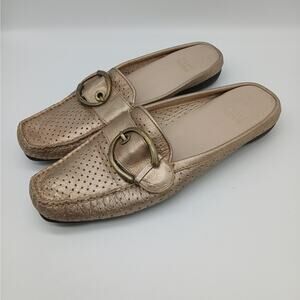 Stuart Weitzman Perforated Leather Buckle Slide Mules Driving Shoes Gold SZ 7.5